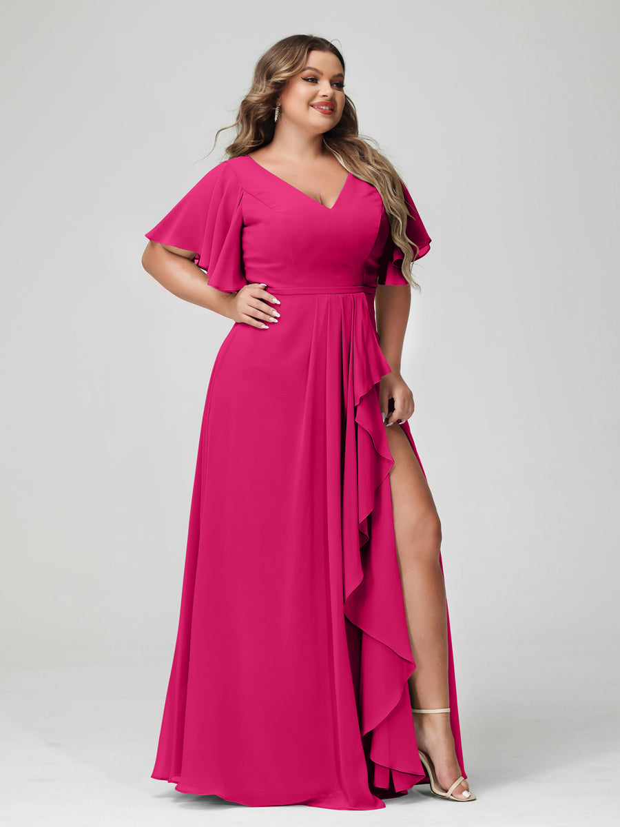 Plus Size Chiffon Bridesmaid Dress with V-Neck, A-Line/Princess Cut, Half Sleeves, Side Split & Ruffles-BMbridal.UK