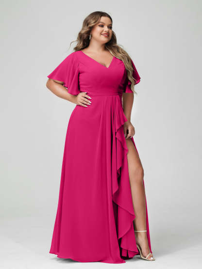 Plus Size Chiffon Bridesmaid Dress with V-Neck, A-Line/Princess Cut, Half Sleeves, Side Split & Ruffles-BMbridal.UK