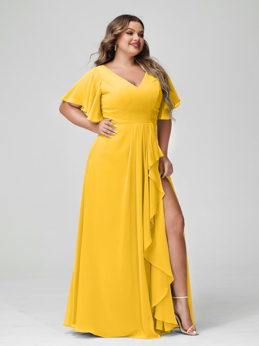 Plus Size Chiffon Bridesmaid Dress with V-Neck, A-Line/Princess Cut, Half Sleeves, Side Split & Ruffles-BMbridal.UK
