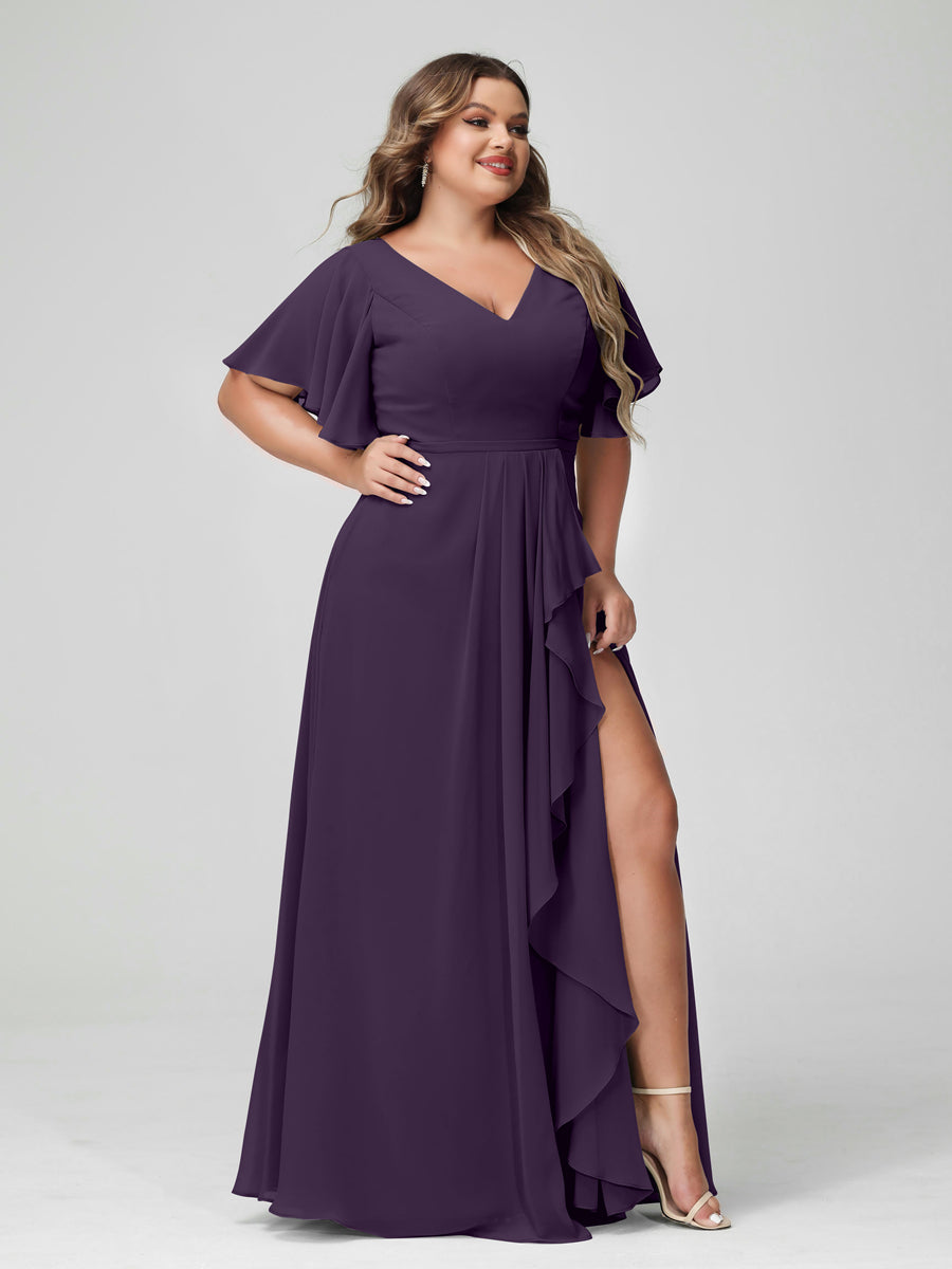 Plus Size Chiffon Bridesmaid Dress with V-Neck, A-Line/Princess Cut, Half Sleeves, Side Split & Ruffles-BMbridal.UK