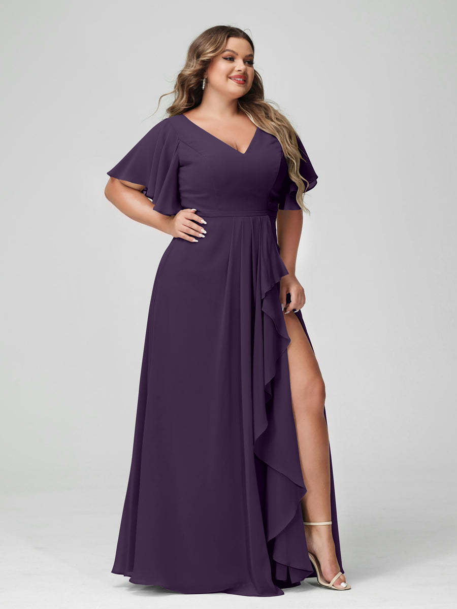 Plus Size Chiffon Bridesmaid Dress with V-Neck, A-Line/Princess Cut, Half Sleeves, Side Split & Ruffles-BMbridal.UK