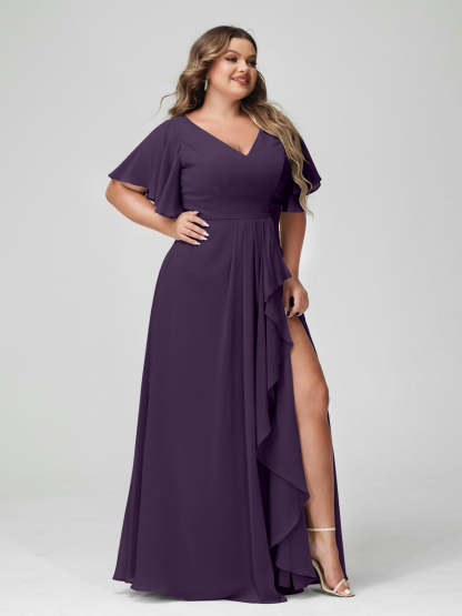 Plus Size Chiffon Bridesmaid Dress with V-Neck, A-Line/Princess Cut, Half Sleeves, Side Split & Ruffles-BMbridal.UK