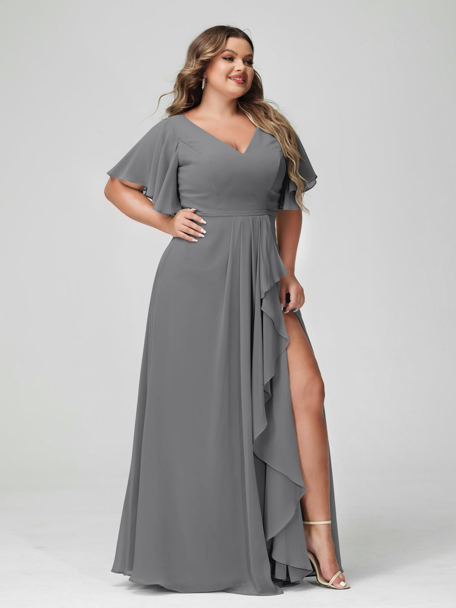Plus Size Chiffon Bridesmaid Dress with V-Neck, A-Line/Princess Cut, Half Sleeves, Side Split & Ruffles-BMbridal.UK