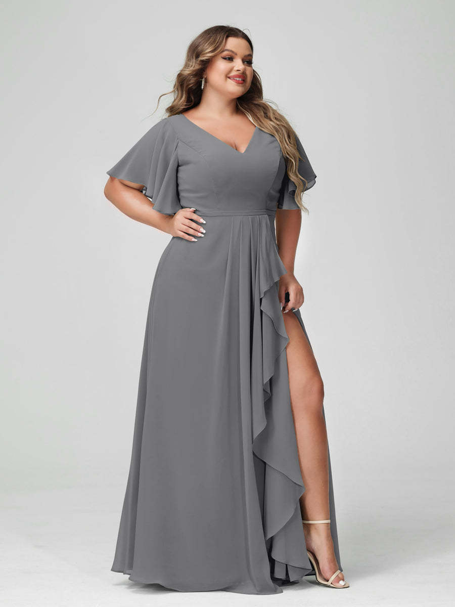 Plus Size Chiffon Bridesmaid Dress with V-Neck, A-Line/Princess Cut, Half Sleeves, Side Split & Ruffles-BMbridal.UK