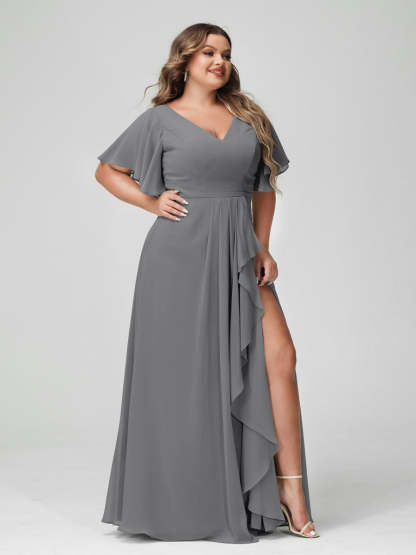 Plus Size Chiffon Bridesmaid Dress with V-Neck, A-Line/Princess Cut, Half Sleeves, Side Split & Ruffles-BMbridal.UK
