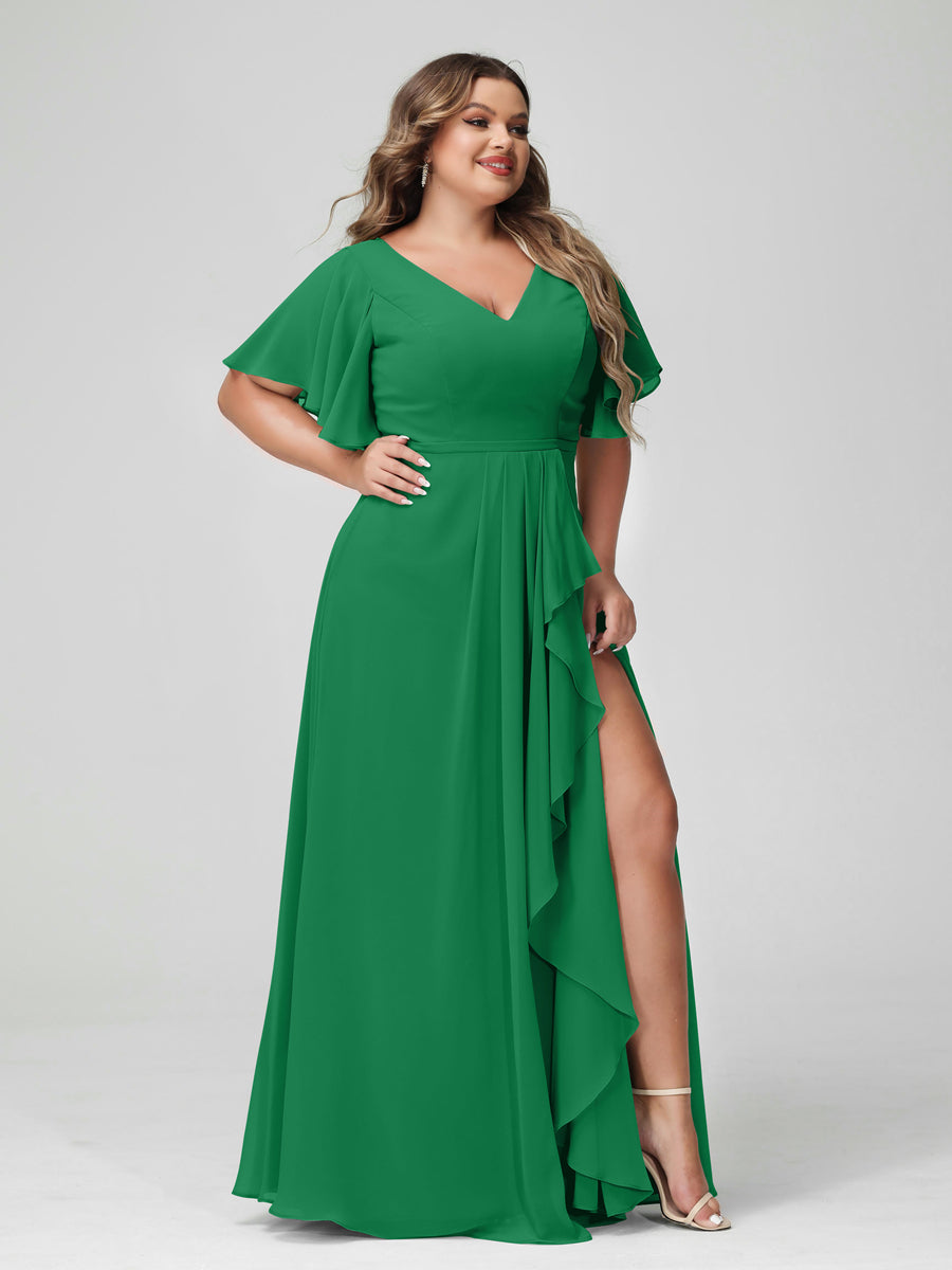 Plus Size Chiffon Bridesmaid Dress with V-Neck, A-Line/Princess Cut, Half Sleeves, Side Split & Ruffles-BMbridal.UK
