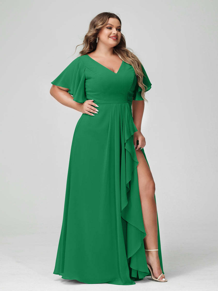 Plus Size Chiffon Bridesmaid Dress with V-Neck, A-Line/Princess Cut, Half Sleeves, Side Split & Ruffles-BMbridal.UK