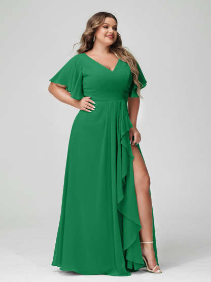 Plus Size Chiffon Bridesmaid Dress with V-Neck, A-Line/Princess Cut, Half Sleeves, Side Split & Ruffles-BMbridal.UK