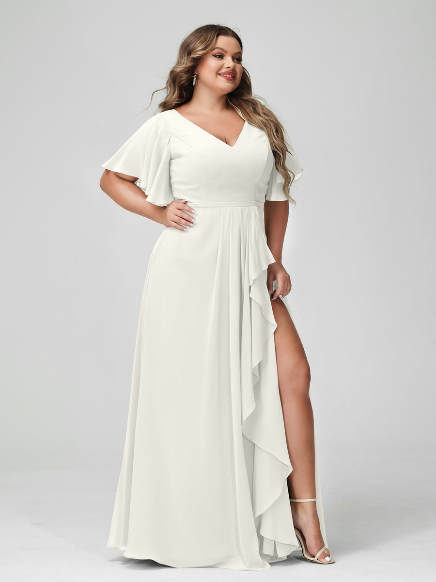 Plus Size Chiffon Bridesmaid Dress with V-Neck, A-Line/Princess Cut, Half Sleeves, Side Split & Ruffles-BMbridal.UK