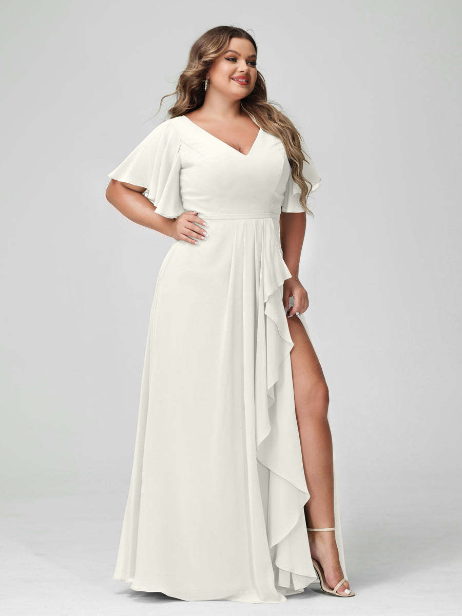 Plus Size Chiffon Bridesmaid Dress with V-Neck, A-Line/Princess Cut, Half Sleeves, Side Split & Ruffles-BMbridal.UK