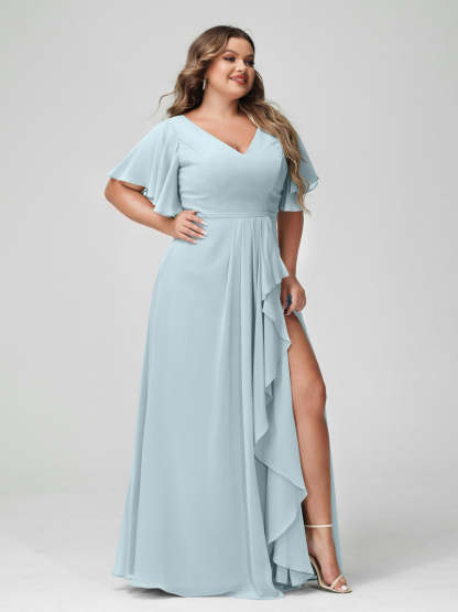 Plus Size Chiffon Bridesmaid Dress with V-Neck, A-Line/Princess Cut, Half Sleeves, Side Split & Ruffles-BMbridal.UK