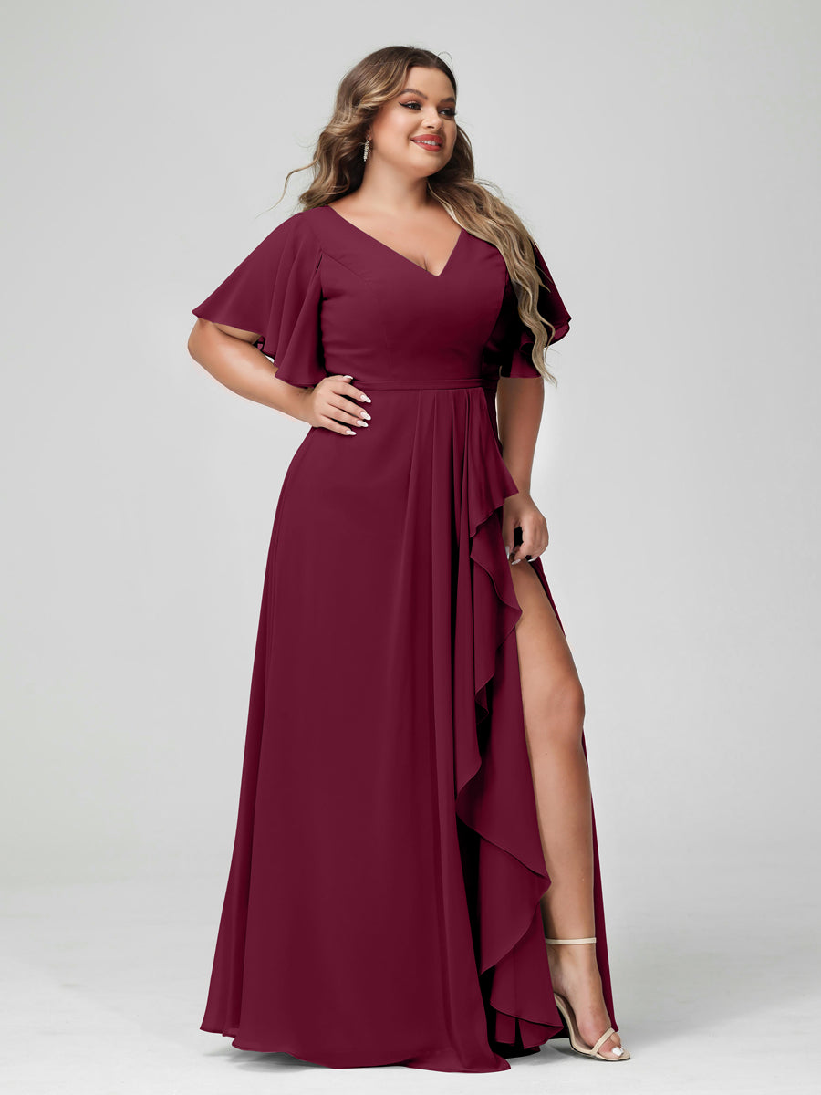 Plus Size Chiffon Bridesmaid Dress with V-Neck, A-Line/Princess Cut, Half Sleeves, Side Split & Ruffles-BMbridal.UK
