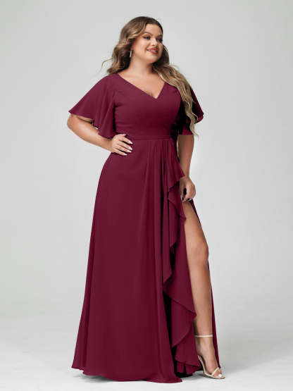 Plus Size Chiffon Bridesmaid Dress with V-Neck, A-Line/Princess Cut, Half Sleeves, Side Split & Ruffles-BMbridal.UK