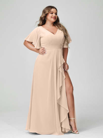 Plus Size Chiffon Bridesmaid Dress with V-Neck, A-Line/Princess Cut, Half Sleeves, Side Split & Ruffles-BMbridal.UK