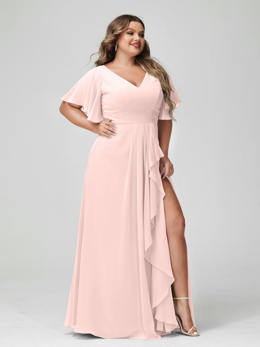 Plus Size Chiffon Bridesmaid Dress with V-Neck, A-Line/Princess Cut, Half Sleeves, Side Split & Ruffles-BMbridal.UK