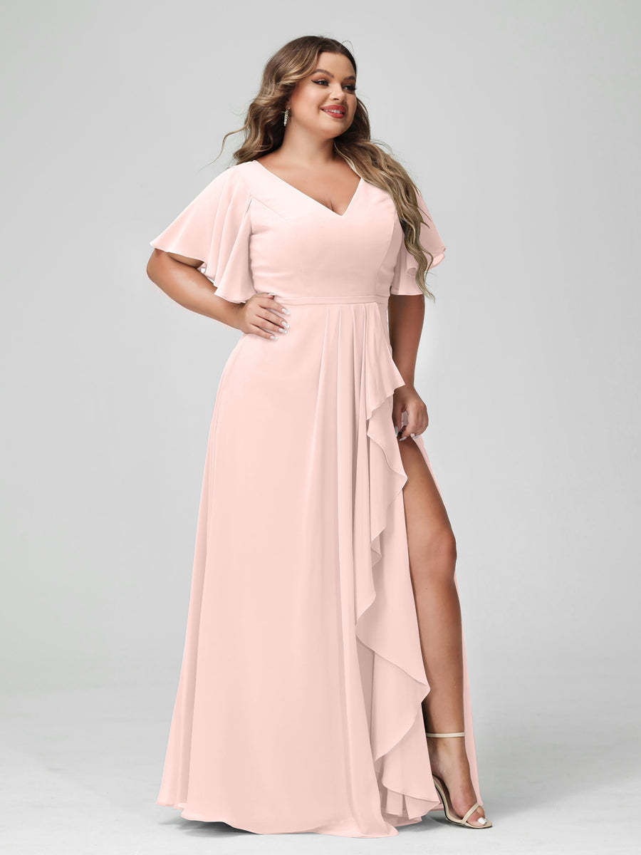 Plus Size Chiffon Bridesmaid Dress with V-Neck, A-Line/Princess Cut, Half Sleeves, Side Split & Ruffles-BMbridal.UK