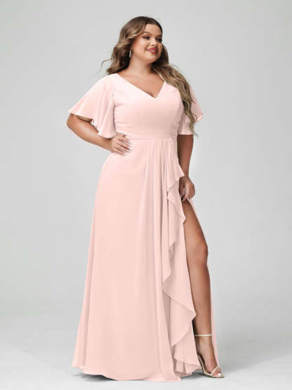 Plus Size Chiffon Bridesmaid Dress with V-Neck, A-Line/Princess Cut, Half Sleeves, Side Split & Ruffles-BMbridal.UK
