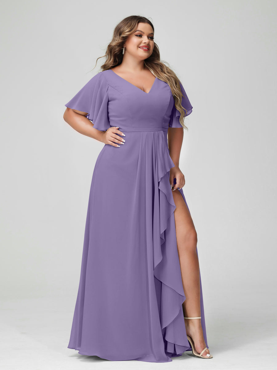 Plus Size Chiffon Bridesmaid Dress with V-Neck, A-Line/Princess Cut, Half Sleeves, Side Split & Ruffles-BMbridal.UK