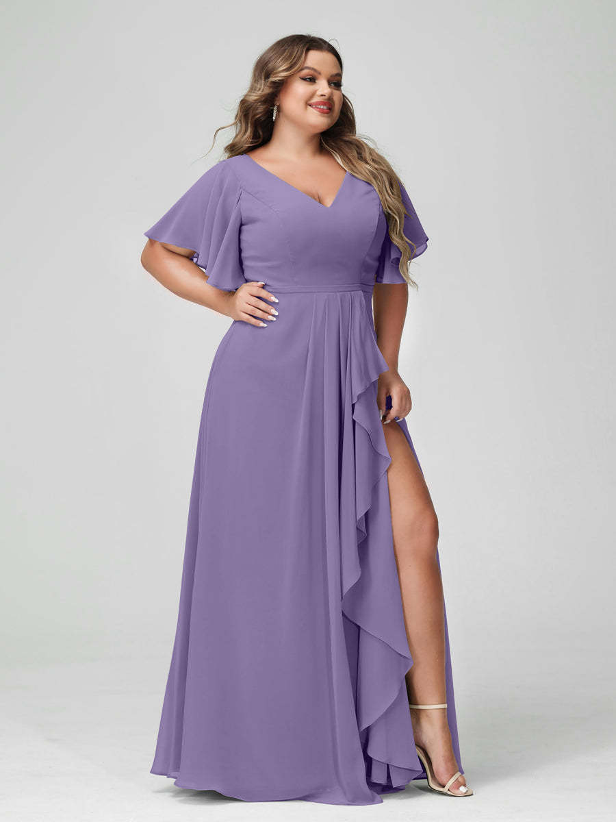 Plus Size Chiffon Bridesmaid Dress with V-Neck, A-Line/Princess Cut, Half Sleeves, Side Split & Ruffles-BMbridal.UK