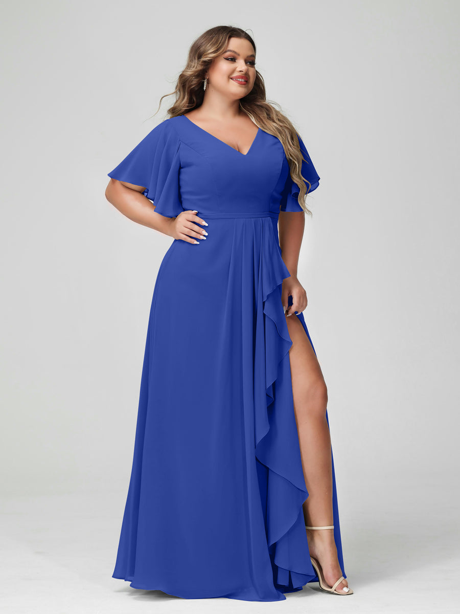 Plus Size Chiffon Bridesmaid Dress with V-Neck, A-Line/Princess Cut, Half Sleeves, Side Split & Ruffles-BMbridal.UK