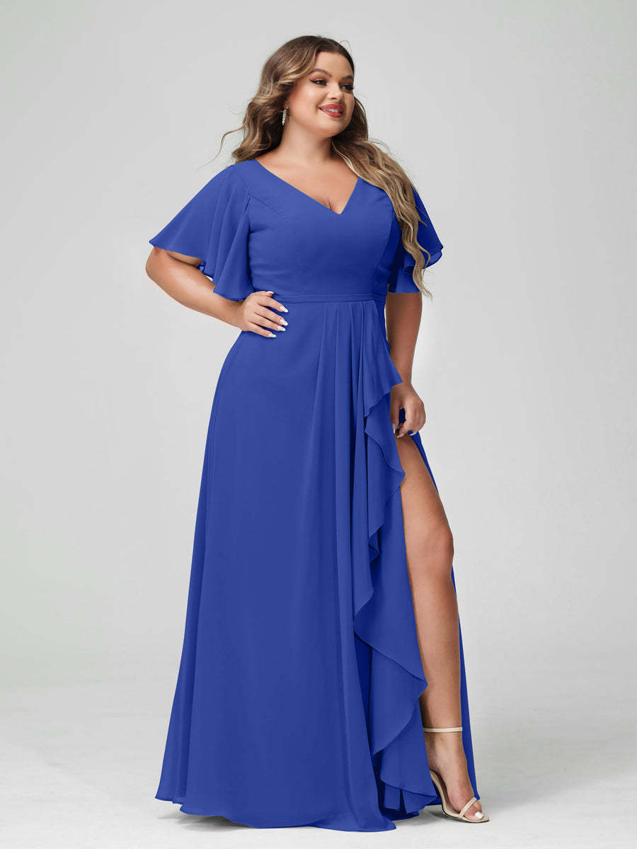 Plus Size Chiffon Bridesmaid Dress with V-Neck, A-Line/Princess Cut, Half Sleeves, Side Split & Ruffles-BMbridal.UK