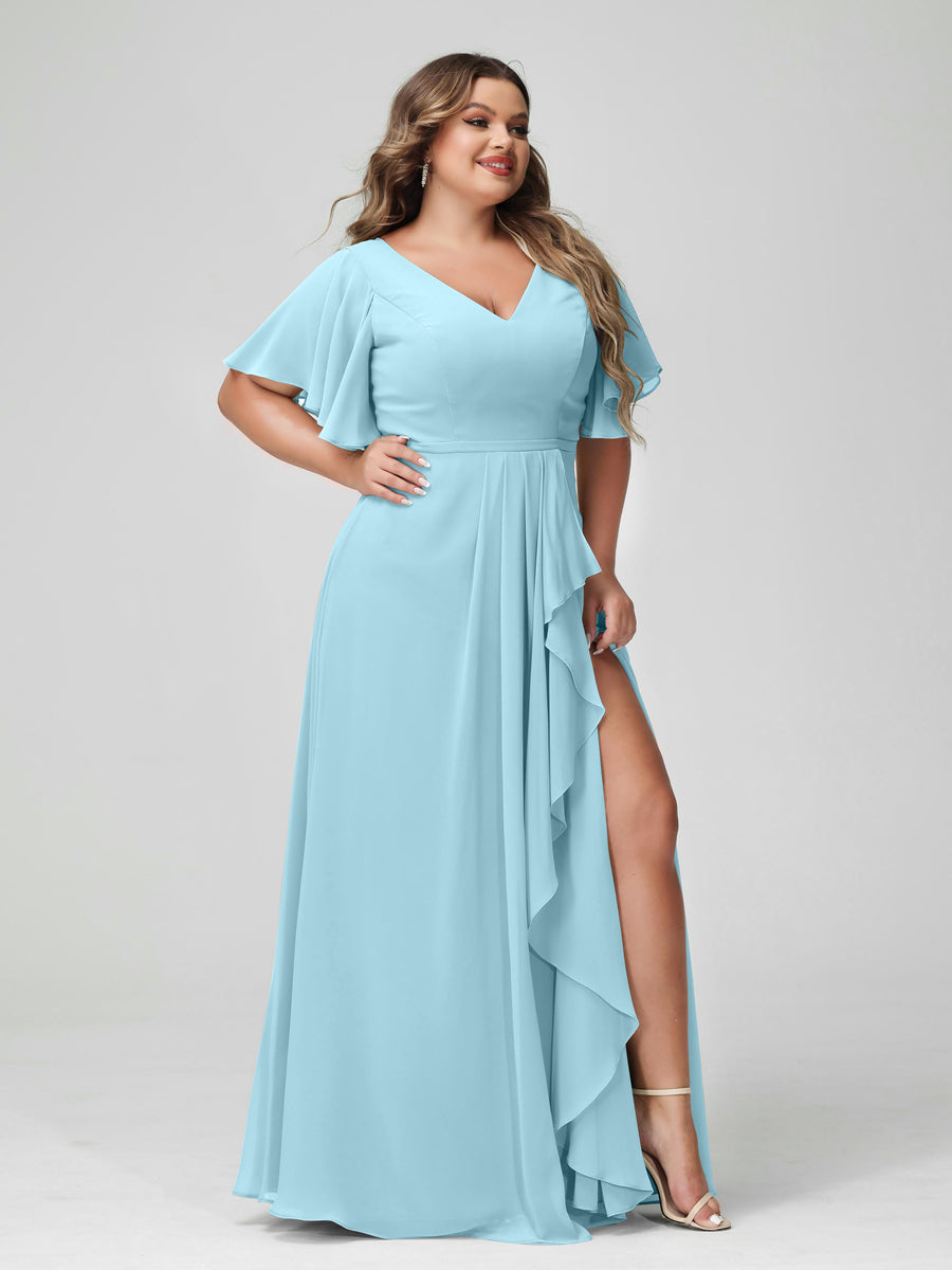 Plus Size Chiffon Bridesmaid Dress with V-Neck, A-Line/Princess Cut, Half Sleeves, Side Split & Ruffles-BMbridal.UK