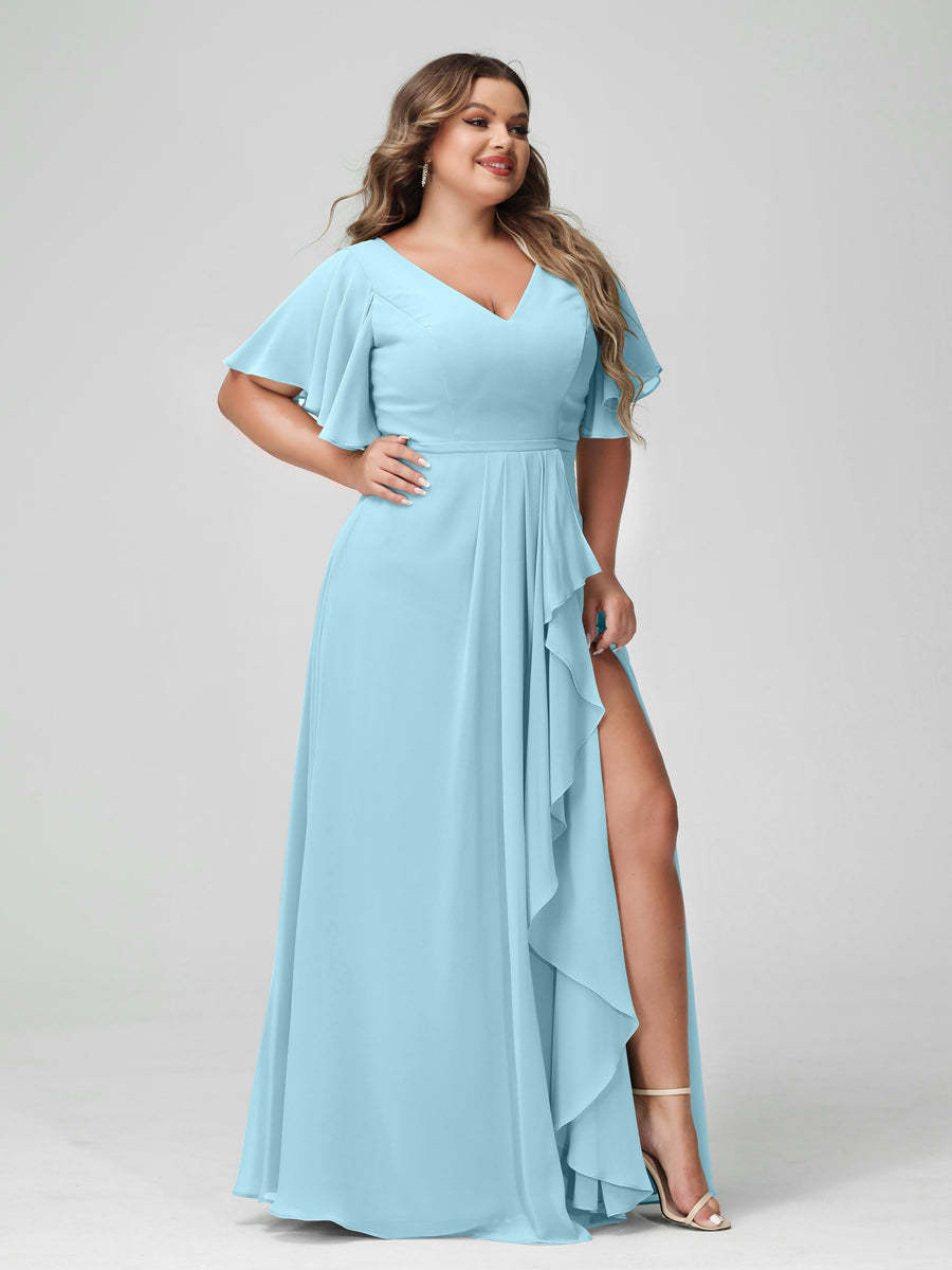 Plus Size Chiffon Bridesmaid Dress with V-Neck, A-Line/Princess Cut, Half Sleeves, Side Split & Ruffles-BMbridal.UK