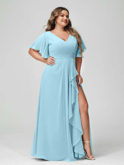 Plus Size Chiffon Bridesmaid Dress with V-Neck, A-Line/Princess Cut, Half Sleeves, Side Split & Ruffles-BMbridal.UK