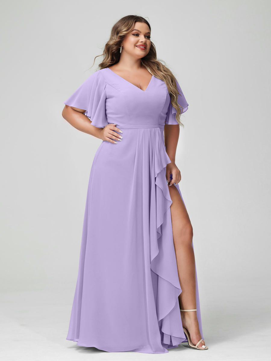 Plus Size Chiffon Bridesmaid Dress with V-Neck, A-Line/Princess Cut, Half Sleeves, Side Split & Ruffles-BMbridal.UK