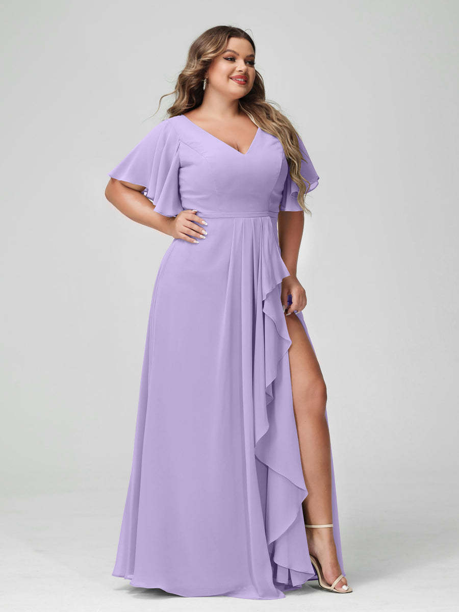 Plus Size Chiffon Bridesmaid Dress with V-Neck, A-Line/Princess Cut, Half Sleeves, Side Split & Ruffles-BMbridal.UK