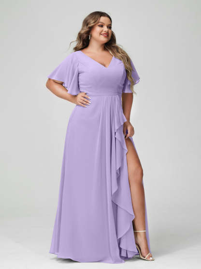 Plus Size Chiffon Bridesmaid Dress with V-Neck, A-Line/Princess Cut, Half Sleeves, Side Split & Ruffles-BMbridal.UK