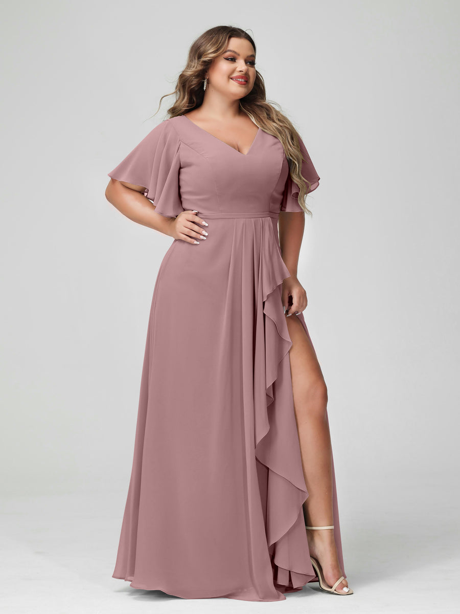 Plus Size Chiffon Bridesmaid Dress with V-Neck, A-Line/Princess Cut, Half Sleeves, Side Split & Ruffles-BMbridal.UK