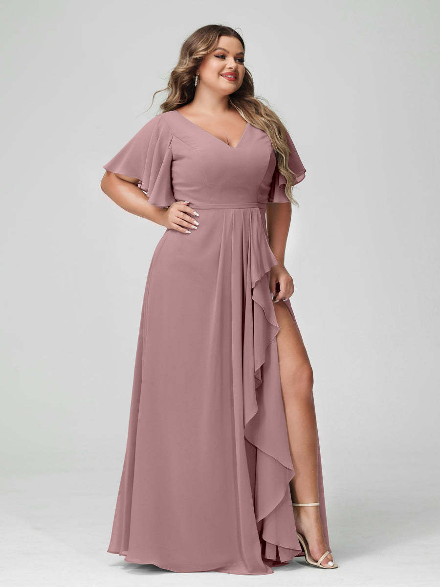 Plus Size Chiffon Bridesmaid Dress with V-Neck, A-Line/Princess Cut, Half Sleeves, Side Split & Ruffles-BMbridal.UK