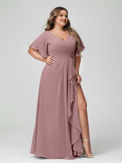 Plus Size Chiffon Bridesmaid Dress with V-Neck, A-Line/Princess Cut, Half Sleeves, Side Split & Ruffles-BMbridal.UK