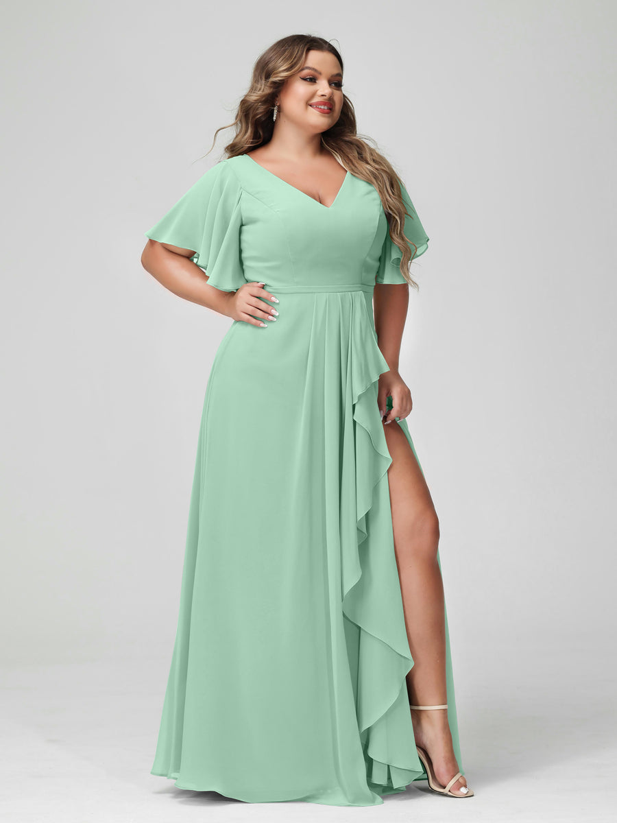 Plus Size Chiffon Bridesmaid Dress with V-Neck, A-Line/Princess Cut, Half Sleeves, Side Split & Ruffles-BMbridal.UK