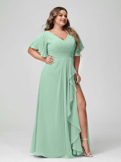 Plus Size Chiffon Bridesmaid Dress with V-Neck, A-Line/Princess Cut, Half Sleeves, Side Split & Ruffles-BMbridal.UK