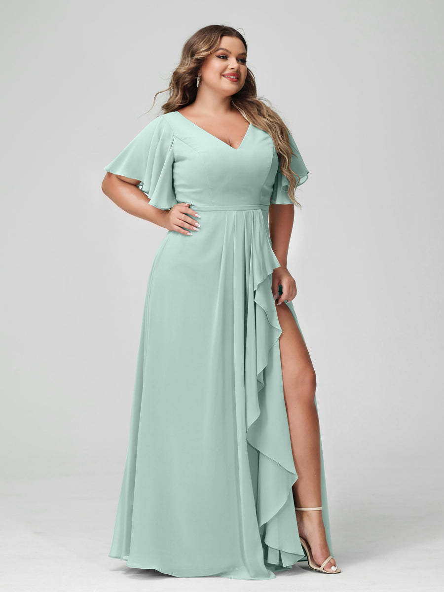 Plus Size Chiffon Bridesmaid Dress with V-Neck, A-Line/Princess Cut, Half Sleeves, Side Split & Ruffles-BMbridal.UK