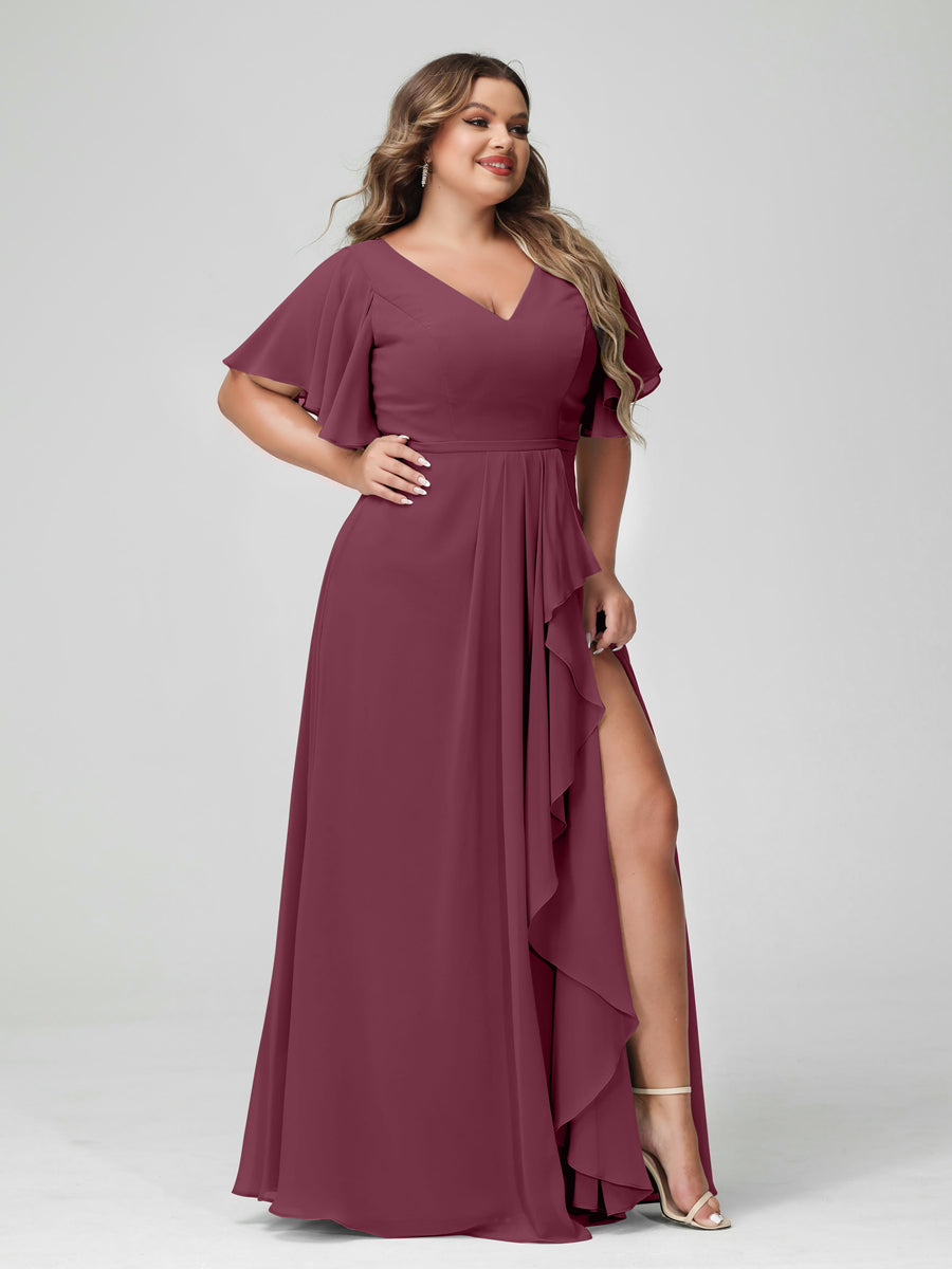 Plus Size Chiffon Bridesmaid Dress with V-Neck, A-Line/Princess Cut, Half Sleeves, Side Split & Ruffles-BMbridal.UK