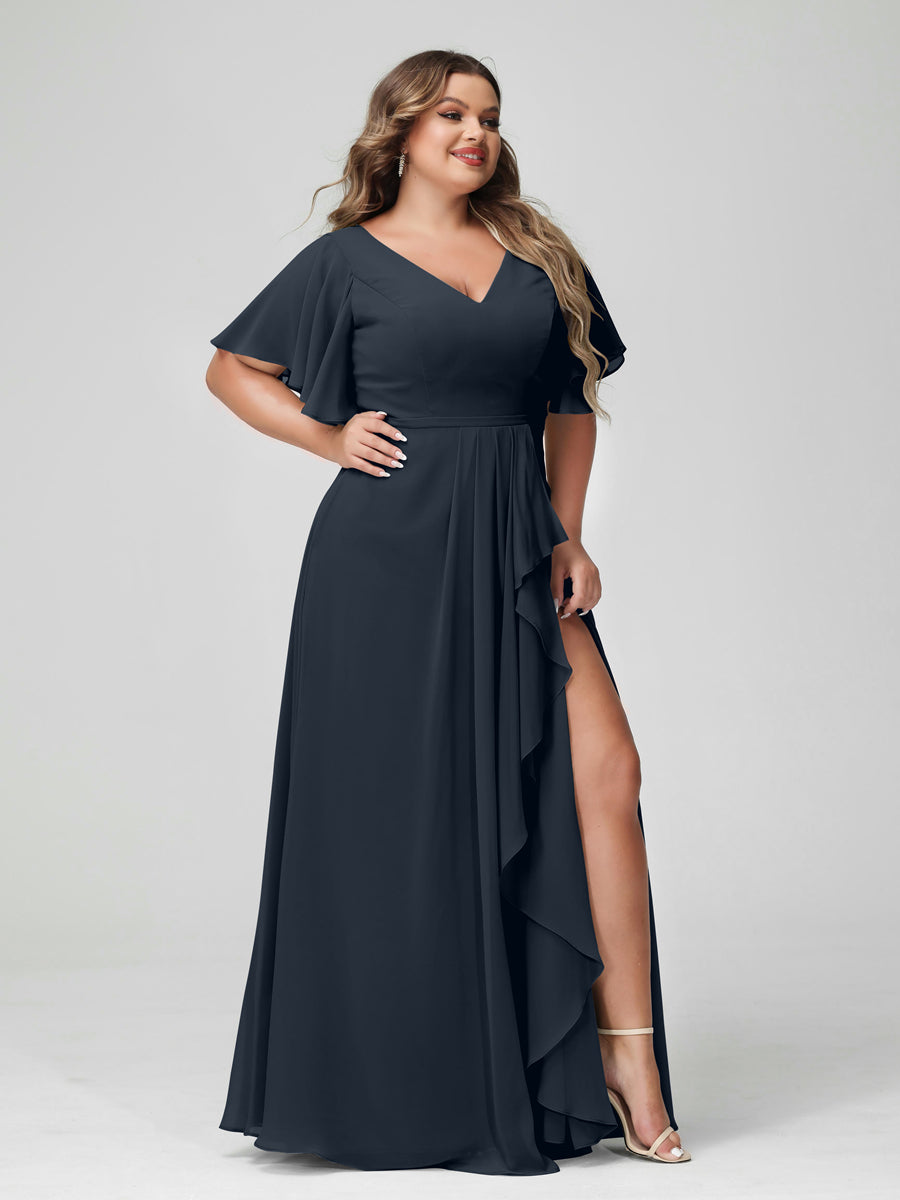 Plus Size Chiffon Bridesmaid Dress with V-Neck, A-Line/Princess Cut, Half Sleeves, Side Split & Ruffles-BMbridal.UK
