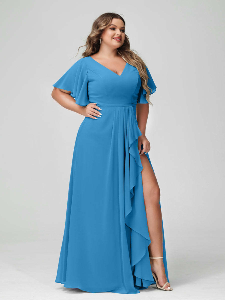 Plus Size Chiffon Bridesmaid Dress with V-Neck, A-Line/Princess Cut, Half Sleeves, Side Split & Ruffles-BMbridal.UK