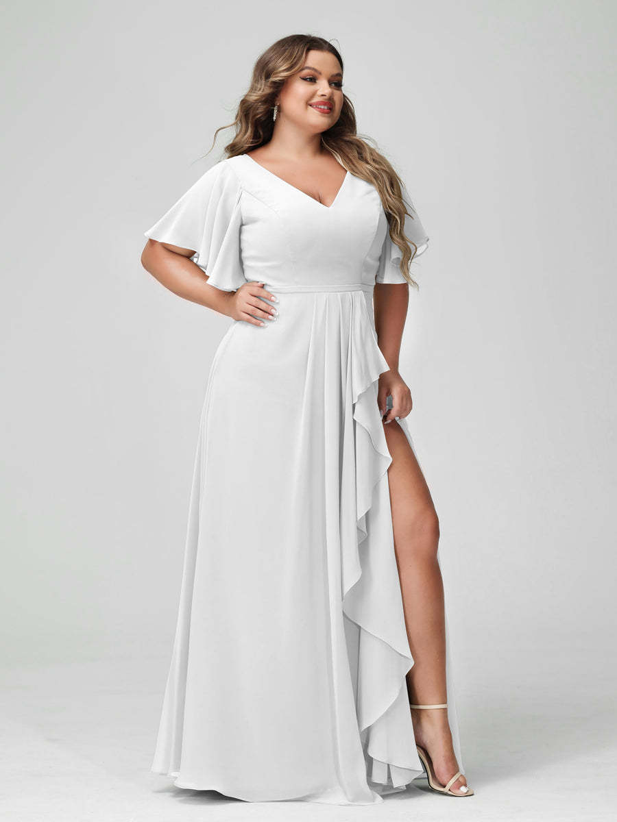 Plus Size Chiffon Bridesmaid Dress with V-Neck, A-Line/Princess Cut, Half Sleeves, Side Split & Ruffles-BMbridal.UK