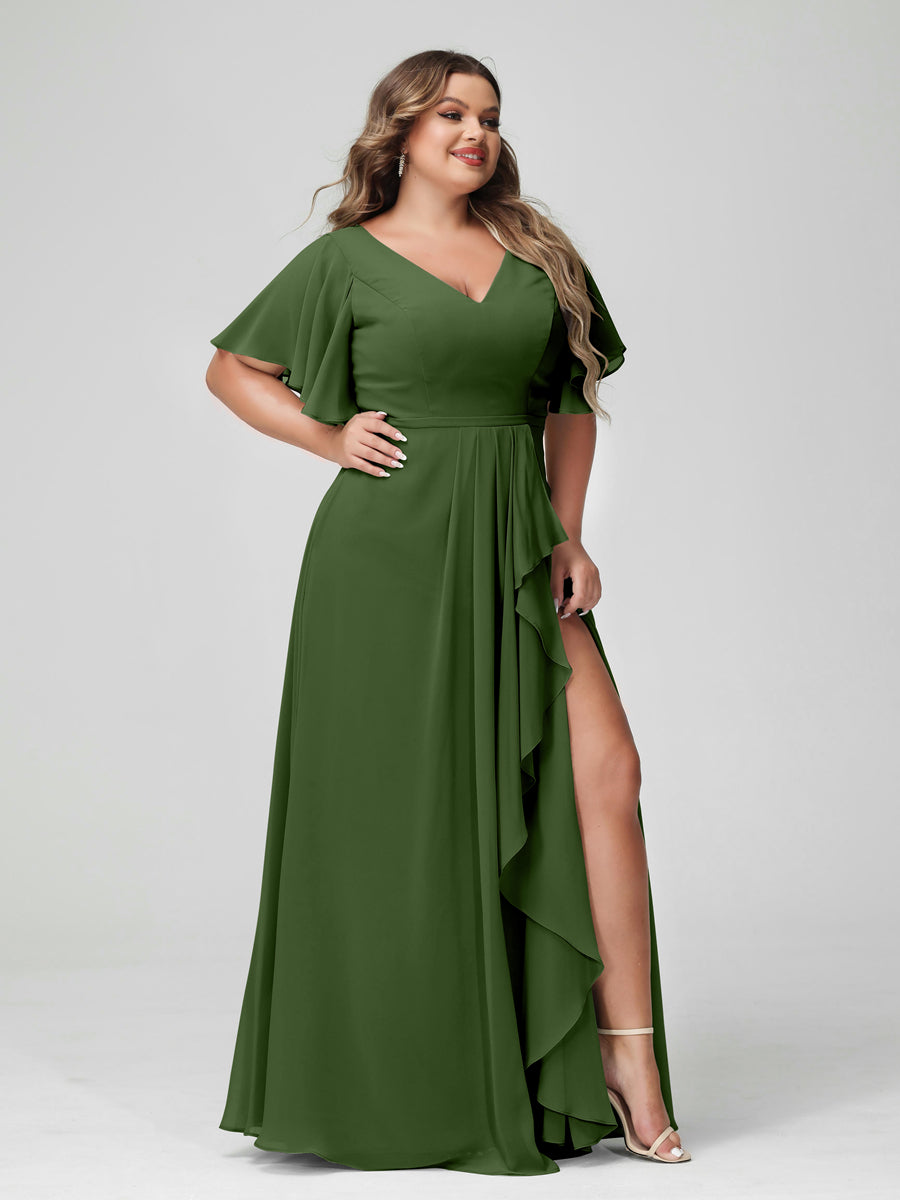 Plus Size Chiffon Bridesmaid Dress with V-Neck, A-Line/Princess Cut, Half Sleeves, Side Split & Ruffles-BMbridal.UK