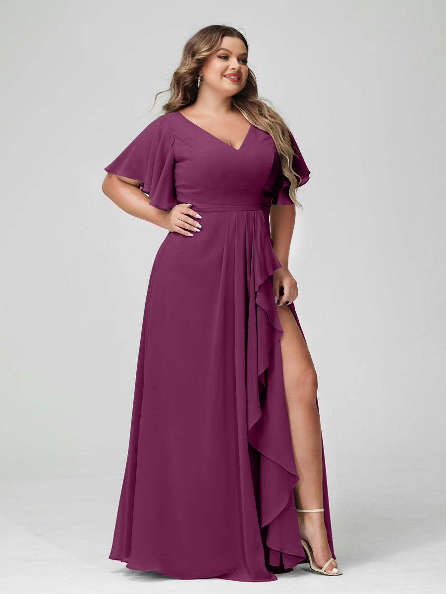 Plus Size Chiffon Bridesmaid Dress with V-Neck, A-Line/Princess Cut, Half Sleeves, Side Split & Ruffles-BMbridal.UK