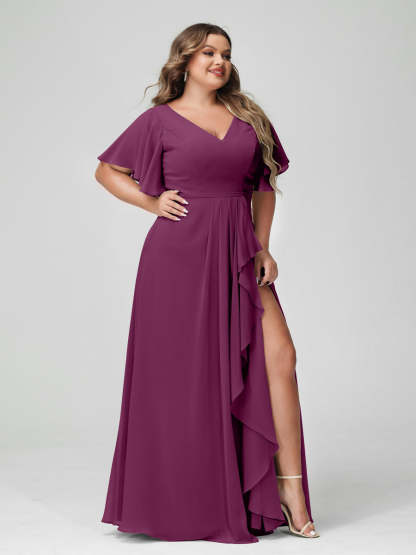 Plus Size Chiffon Bridesmaid Dress with V-Neck, A-Line/Princess Cut, Half Sleeves, Side Split & Ruffles-BMbridal.UK