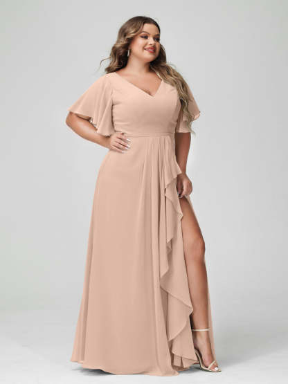 Plus Size Chiffon Bridesmaid Dress with V-Neck, A-Line/Princess Cut, Half Sleeves, Side Split & Ruffles-BMbridal.UK