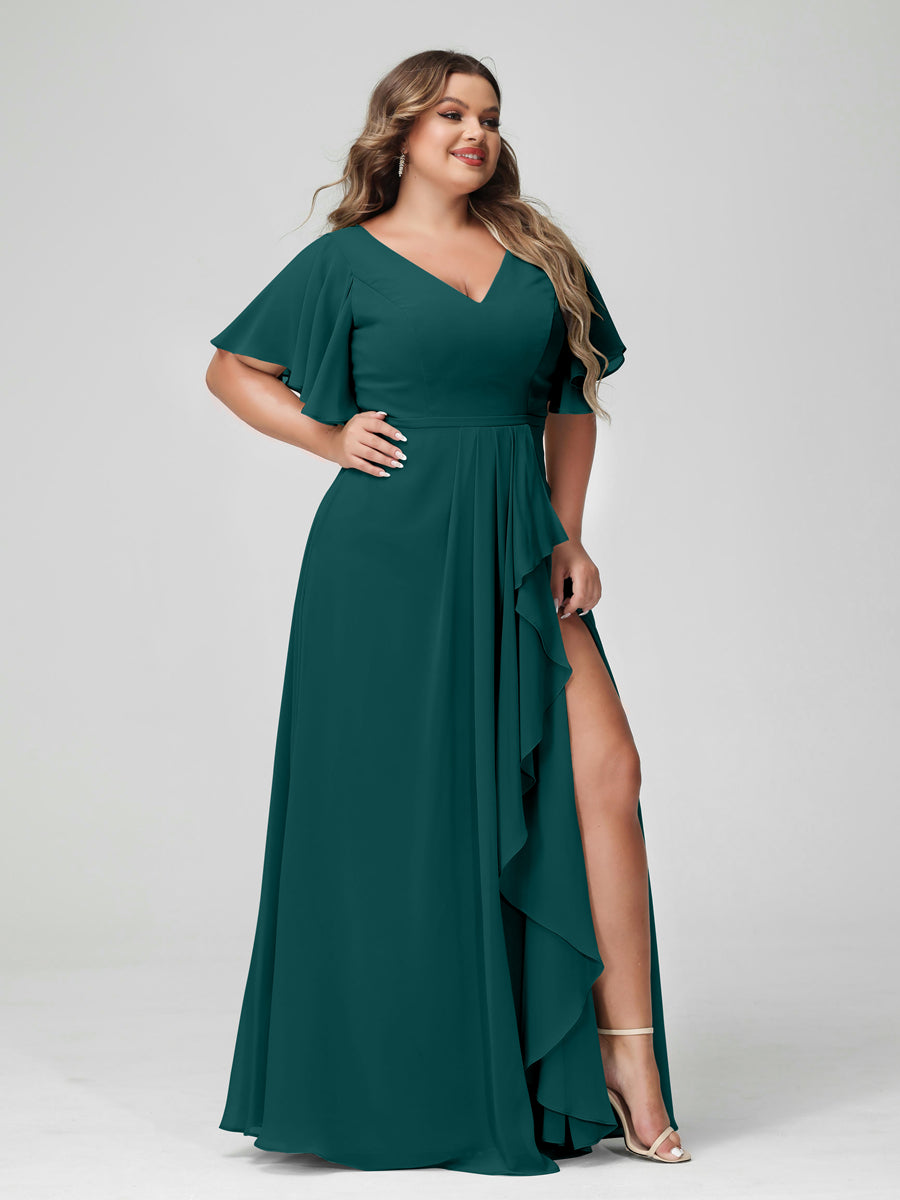 Plus Size Chiffon Bridesmaid Dress with V-Neck, A-Line/Princess Cut, Half Sleeves, Side Split & Ruffles-BMbridal.UK