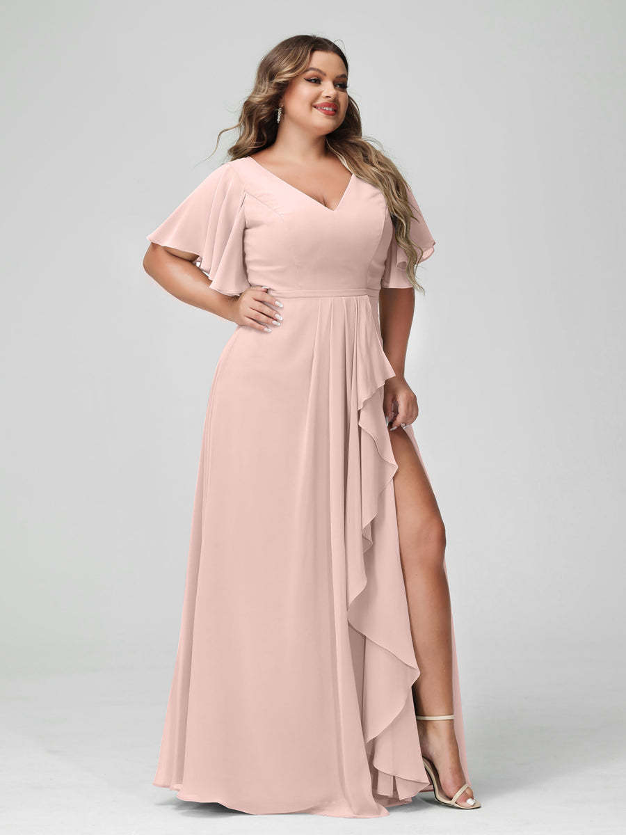 Plus Size Chiffon Bridesmaid Dress with V-Neck, A-Line/Princess Cut, Half Sleeves, Side Split & Ruffles-BMbridal.UK