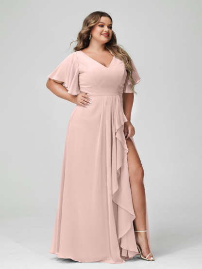 Plus Size Chiffon Bridesmaid Dress with V-Neck, A-Line/Princess Cut, Half Sleeves, Side Split & Ruffles-BMbridal.UK