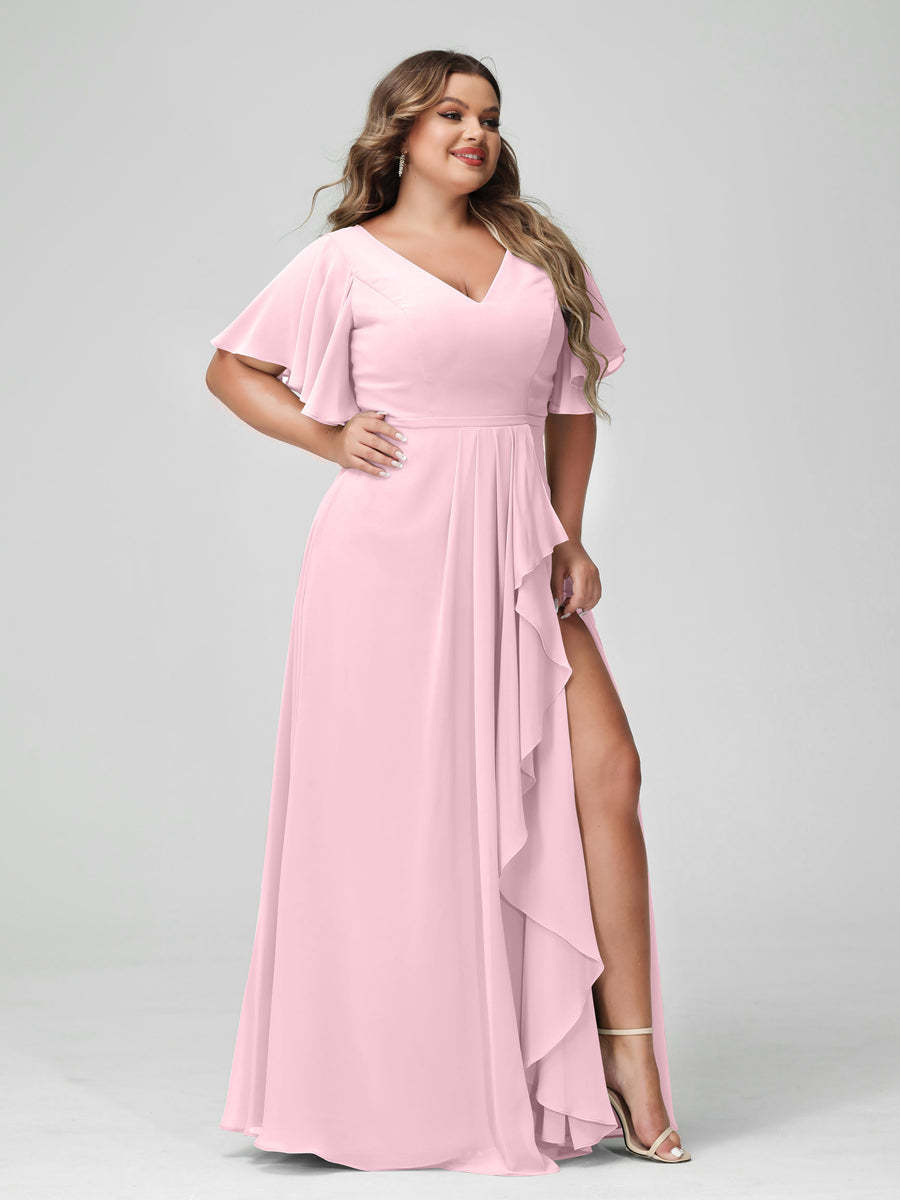 Plus Size Chiffon Bridesmaid Dress with V-Neck, A-Line/Princess Cut, Half Sleeves, Side Split & Ruffles-BMbridal.UK