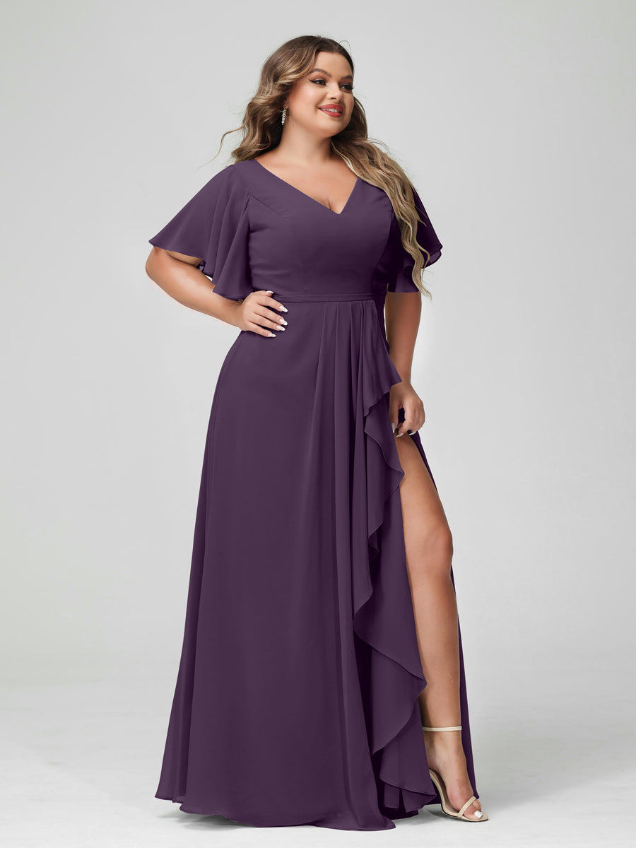 Plus Size Chiffon Bridesmaid Dress with V-Neck, A-Line/Princess Cut, Half Sleeves, Side Split & Ruffles-BMbridal.UK